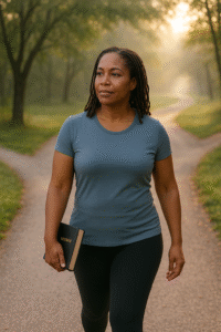 Woman walking with purpose and focus on a peaceful path, reflecting a faith-based health journey
