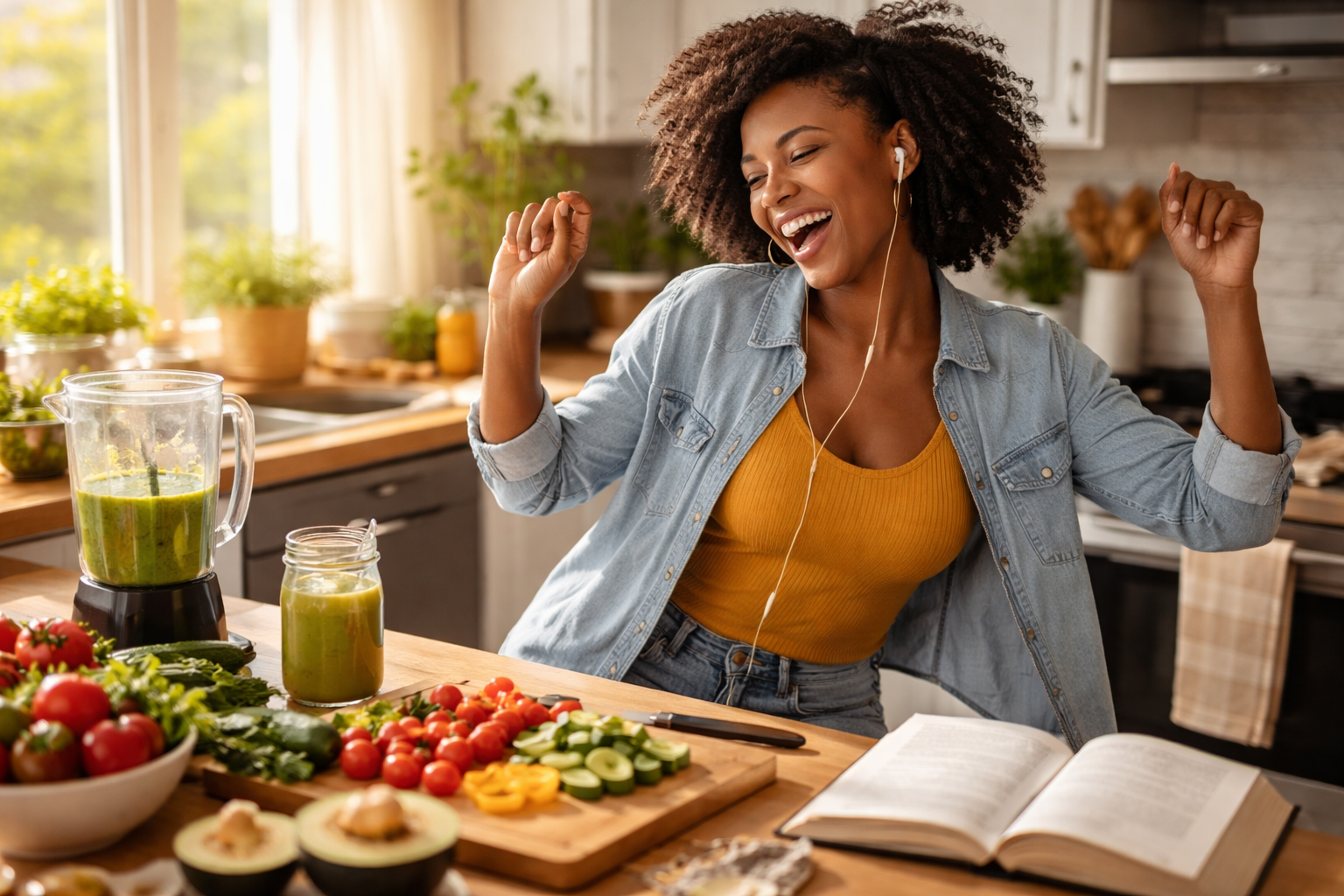 Young woman joyfully cooking healthy food with Bible open nearby — Christian approach to weight loss by Cathy Morenzie
